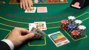 Blackjack strategy guide with ace and king hand and strategy chart