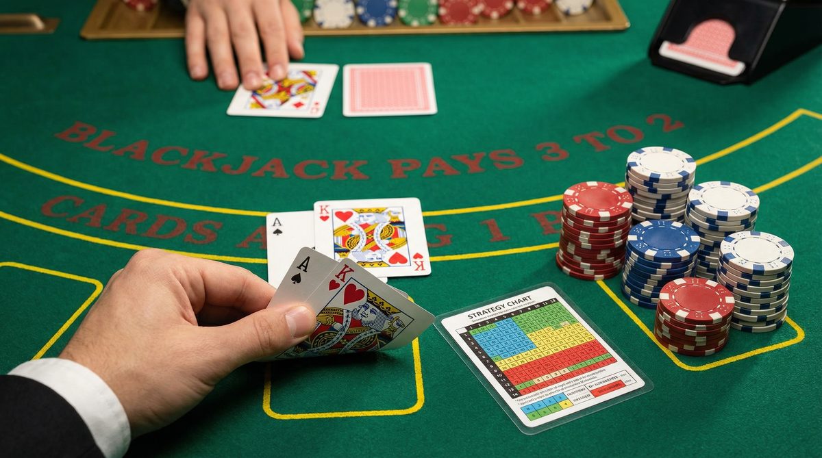 Blackjack strategy guide with ace and king hand and strategy chart