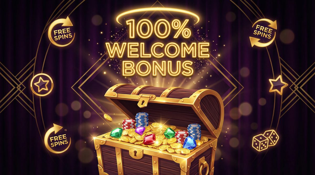 100 percent welcome bonus treasure chest with gold coins and free spins