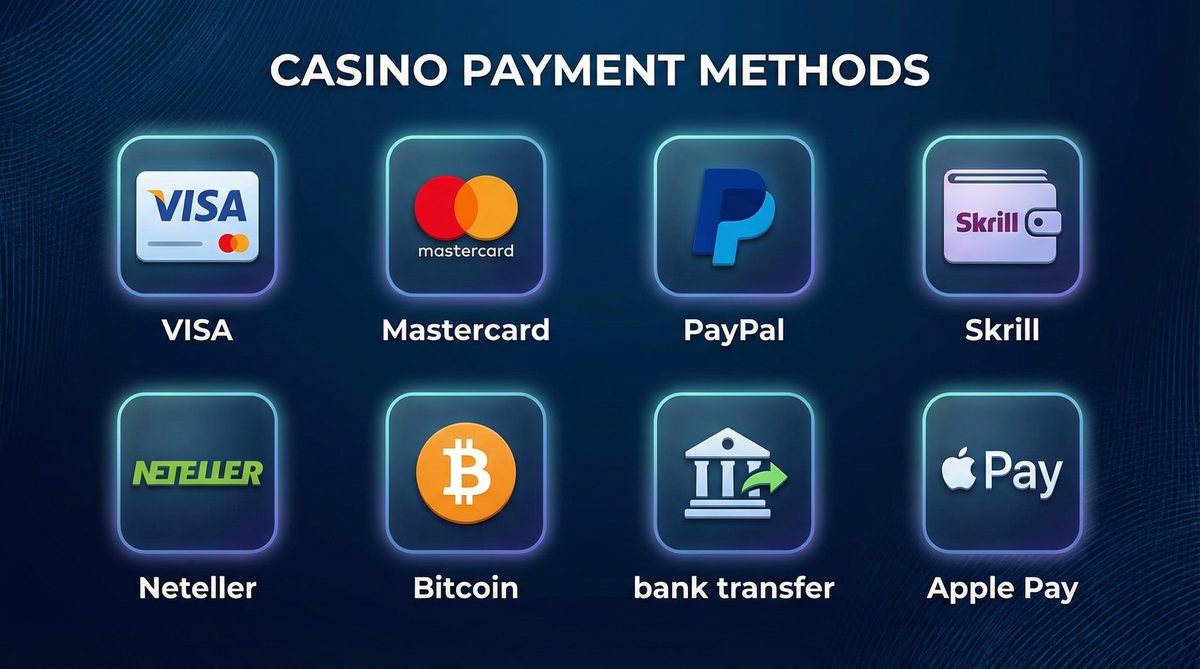 Casino payment methods including Visa Mastercard PayPal Skrill Bitcoin