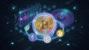 Bitcoin cryptocurrency casino with Ethereum Litecoin and Dogecoin symbols
