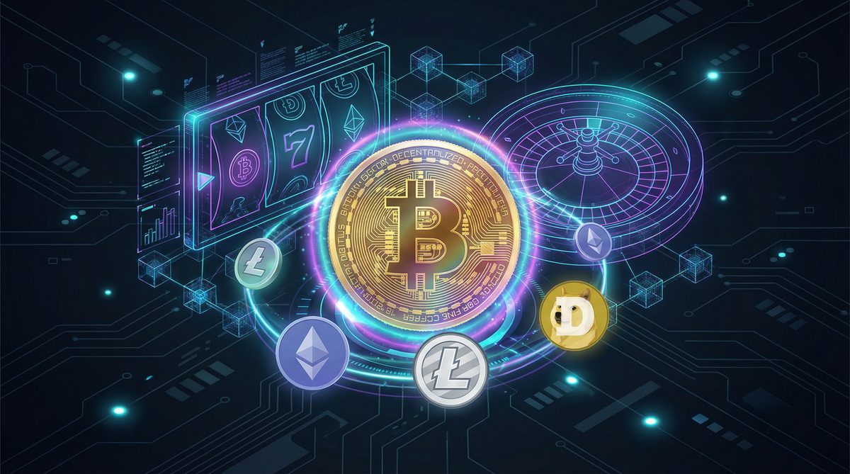 Bitcoin cryptocurrency casino with Ethereum Litecoin and Dogecoin symbols
