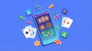 Mobile casino app on smartphone with slots roulette and live games