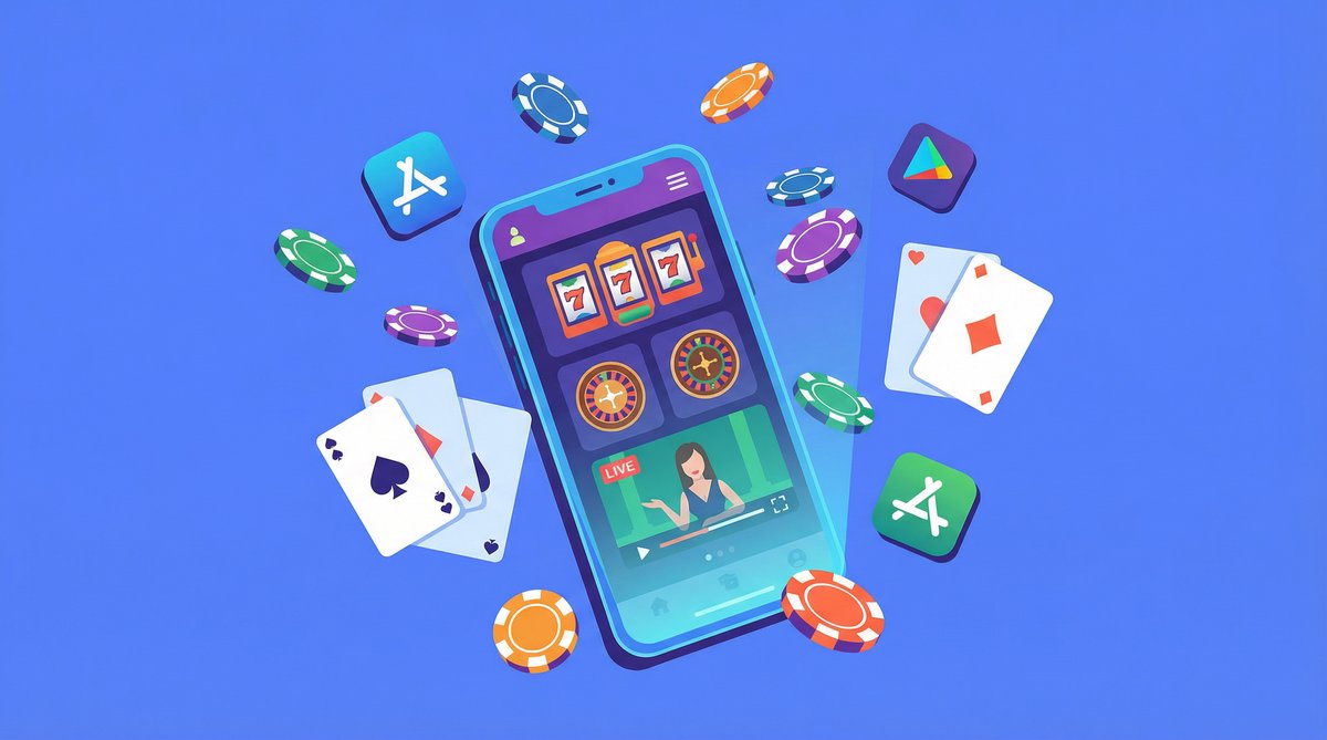 Mobile casino app on smartphone with slots roulette and live games