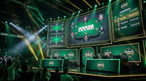 Online poker tournament esports scene with leaderboard and community cards