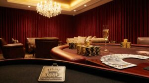 VIP high roller casino room with crystal chandelier and premium poker table
